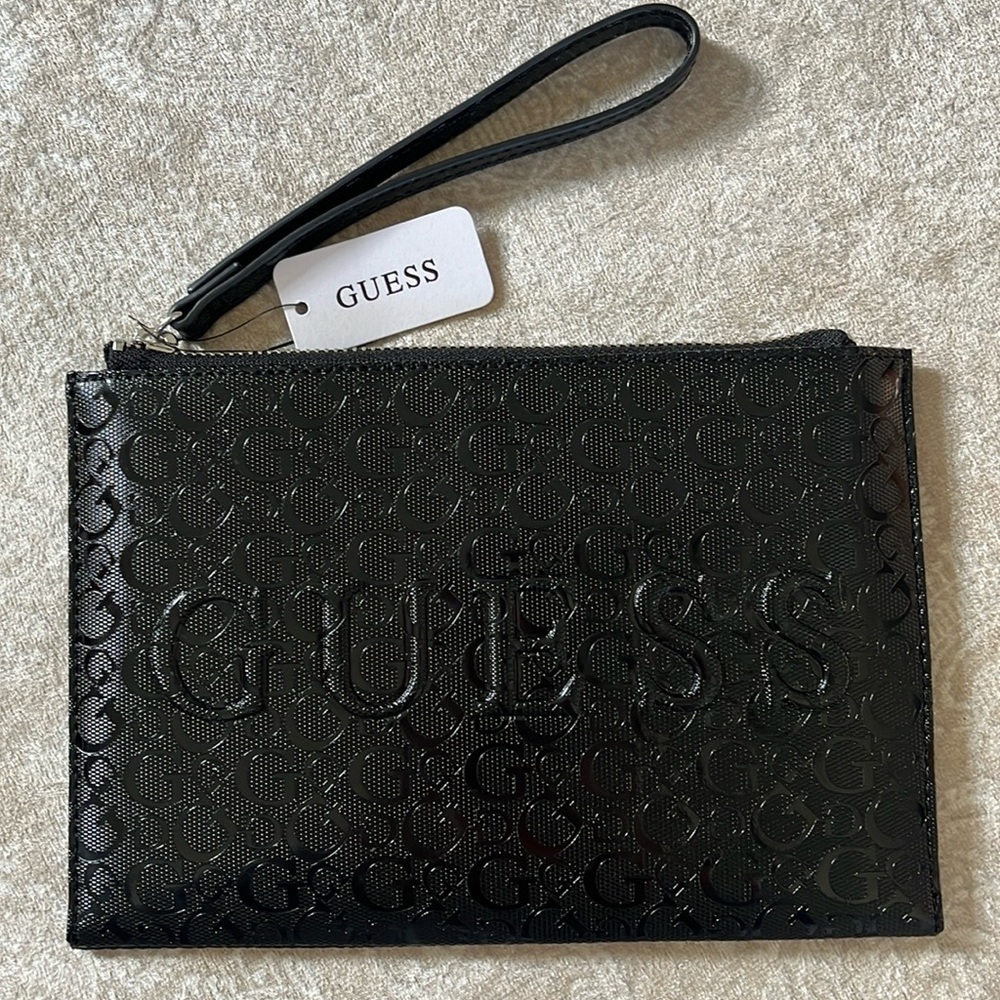 Brand New Guess Black Shiny Embossed Large Zippered Haddington Clutch Wristlet